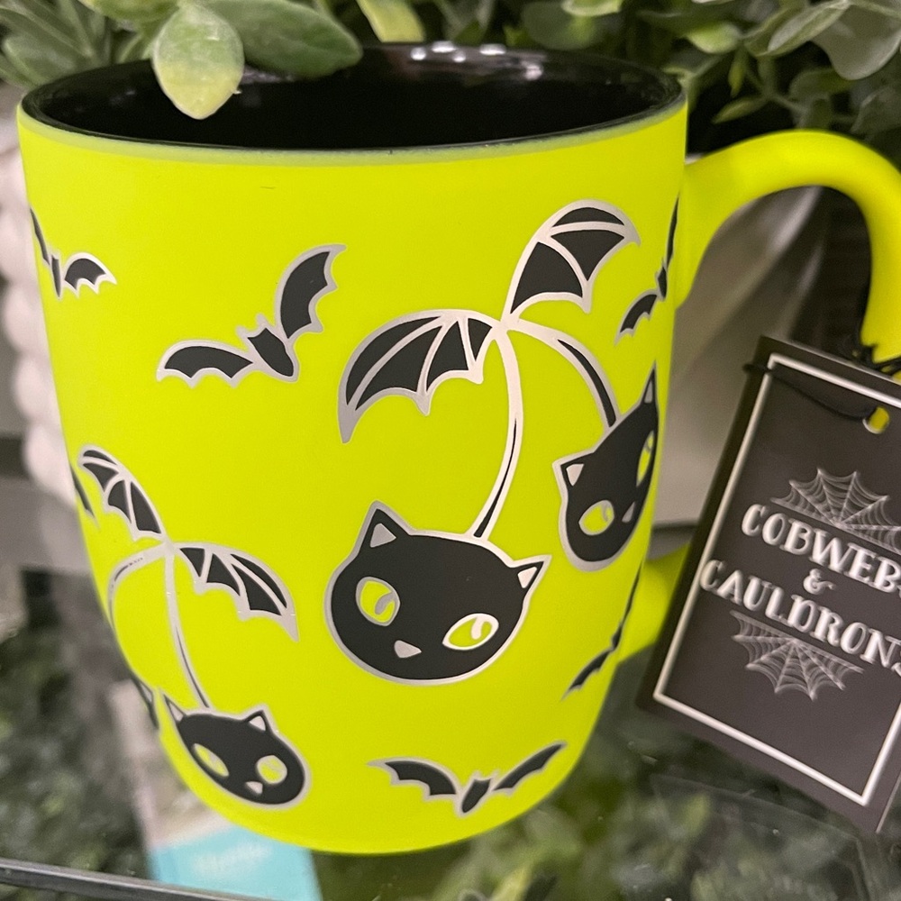 Halloween Black Cat Cherries & Bats Acid Green Smooth Matte Soft Touch Mug NWT